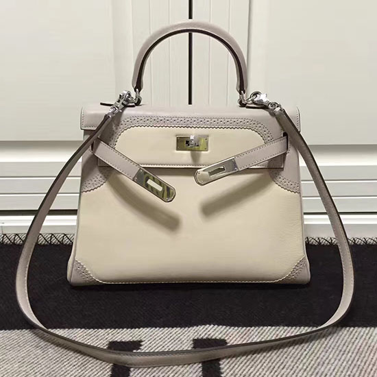 Hermes Kelly 28 Tote Bag in Off-white and Grey Swift Leather HK1220