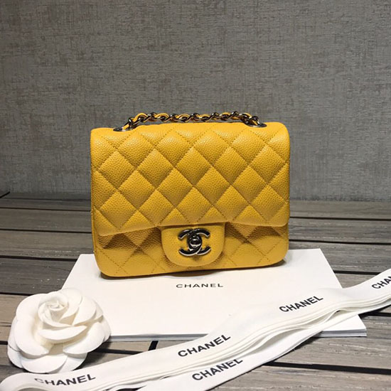 Classic Chanel Caviar Leather Mini Flap Bag Yellow with Silver Hardware CF1115