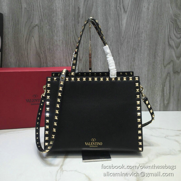 Valentino Smooth Calfskin Small Rockstud Top Handle Bag Black V6500