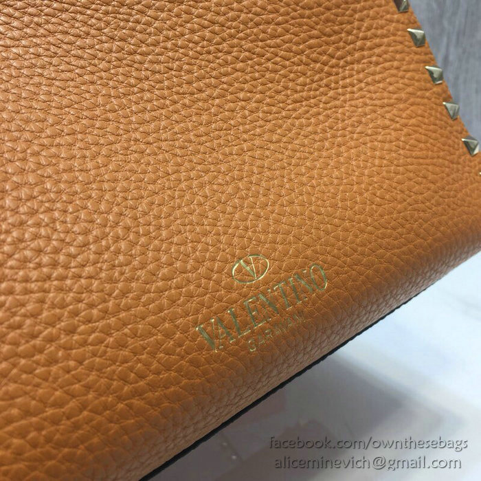 Valentino Textured Calfskin Small Rockstud Top Handle Bag Brown V6500