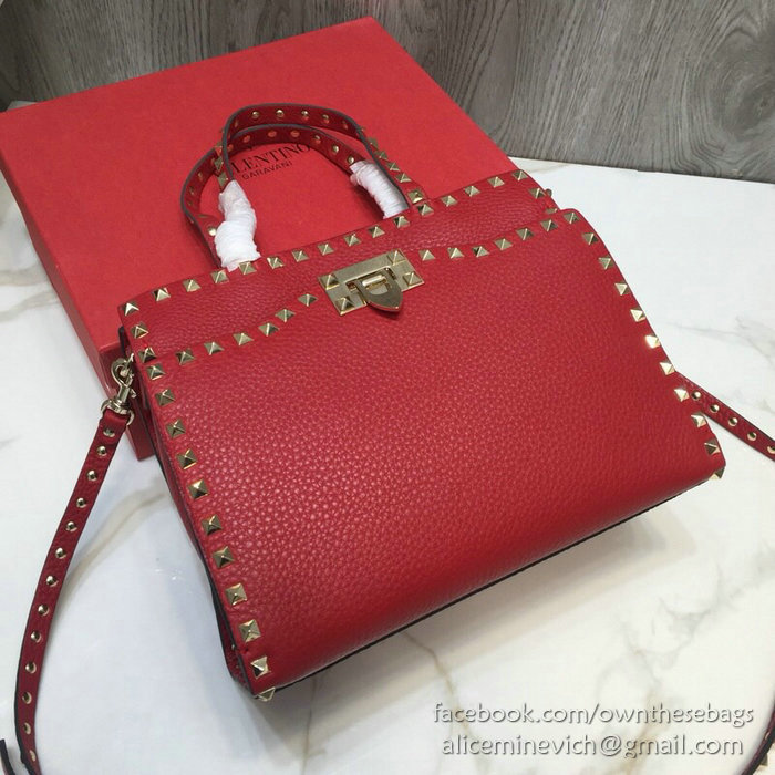Valentino Textured Calfskin Small Rockstud Top Handle Bag Red V6500