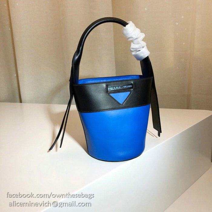 Prada Ouverture Leather Bucket Bag Blue and Black 1BE015