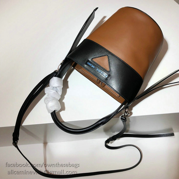 Prada Ouverture Leather Bucket Bag Brown and Black 1BE015