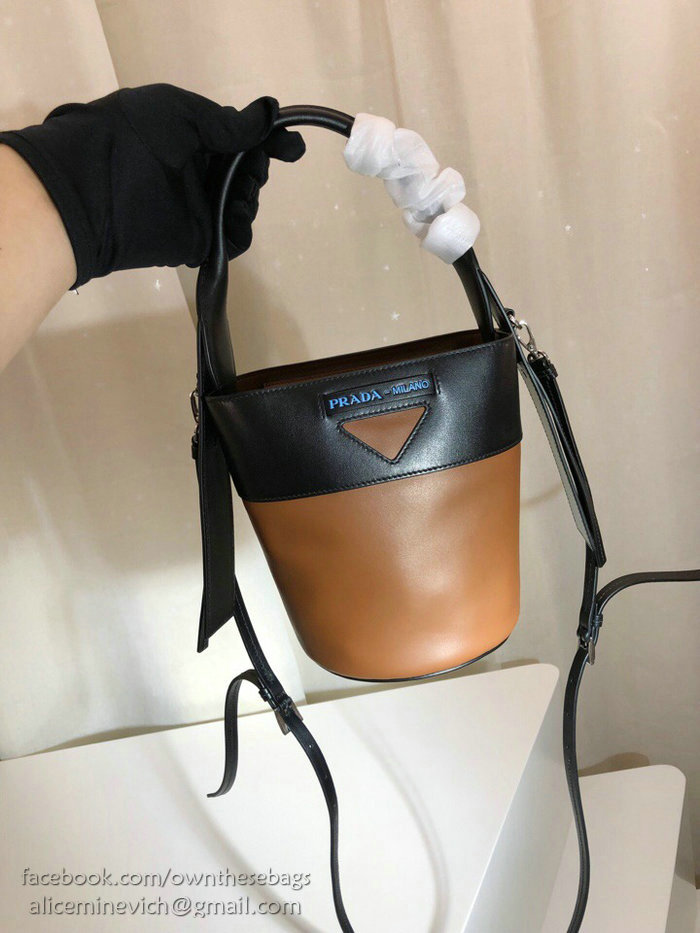 Prada Ouverture Leather Bucket Bag Brown and Black 1BE015