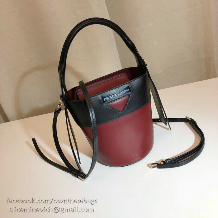 Prada Ouverture Leather Bucket Bag Burgundy and Black 1BE015