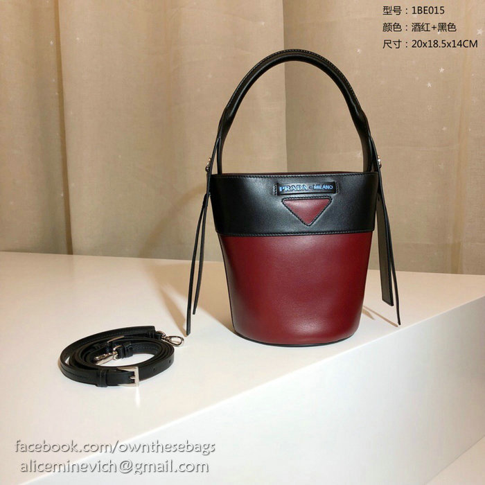 Prada Ouverture Leather Bucket Bag Burgundy and Black 1BE015