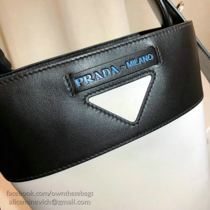 Prada Ouverture Leather Bucket Bag White and Black 1BE015