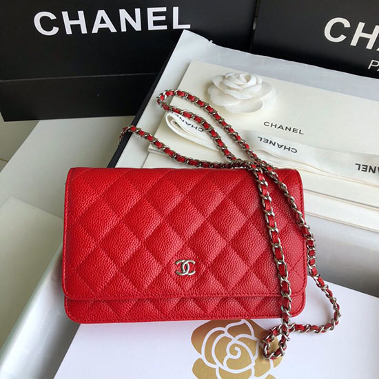 Chanel Caviar WOC Chain Wallet Red A33814