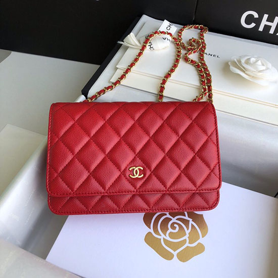 Chanel Grained Calfskin WOC Chain Wallet Red A33814