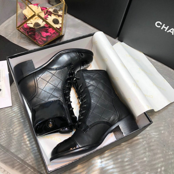 Chanel Calfskin and Patent Ankle Boots Black C10056
