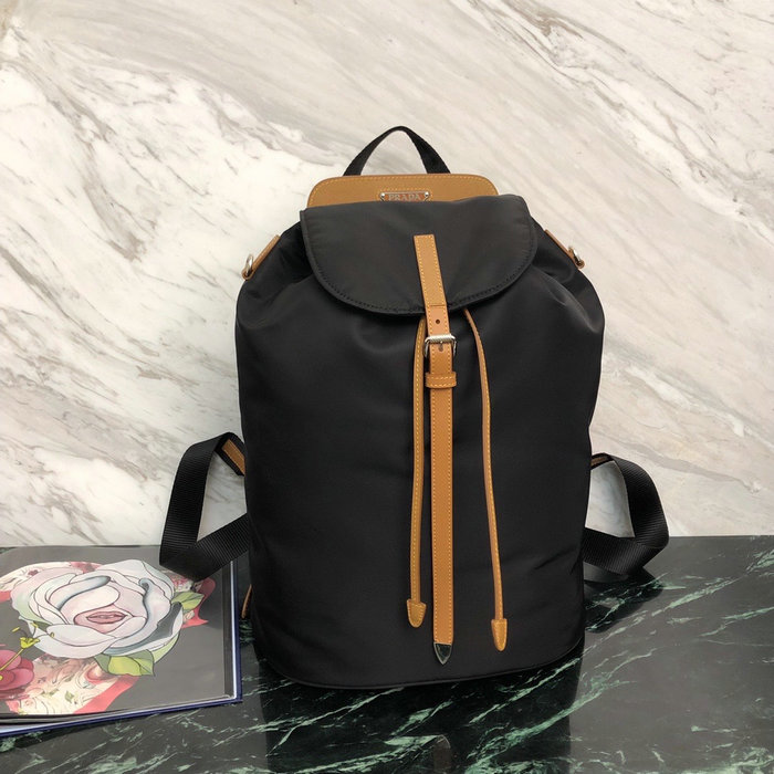 Prada Nylon and Saffiano Leather Backpack Black with Beige 1BZ069
