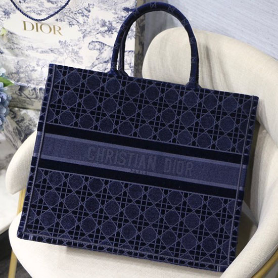 Dior Cannage Embroidered Velvet Book Tote Blue MD1286