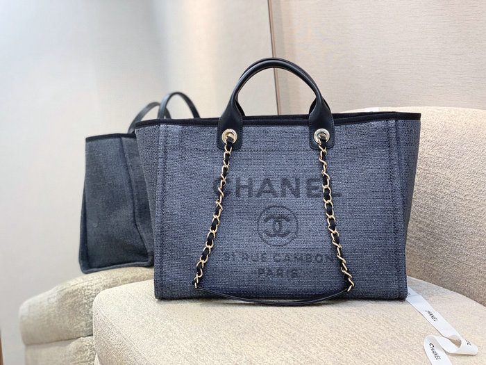 Chanel Canvas Large Deauville Shopping Bag Blue AS66941