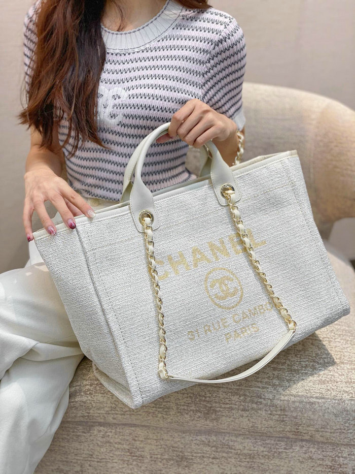 Chanel Canvas Large Deauville Shopping Bag White AS66941