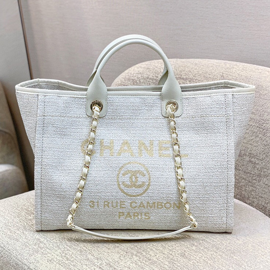 Chanel Canvas Large Deauville Shopping Bag White AS66941
