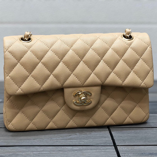 Small Classic Chanel Grain Calfskin Flap Bag Beige A01117