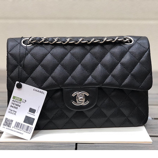 Small Classic Chanel Grain Calfskin Flap Bag Black with Silver A01117