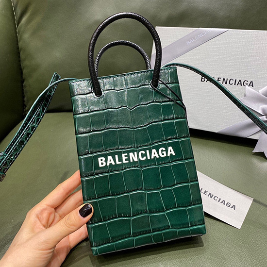 Balenciaga Croc-effect Leather Shopping Phone Holder Green 593826