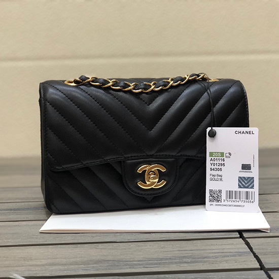 Classic Chanel Chevron Small Flap Bag Black with Gold CF1116