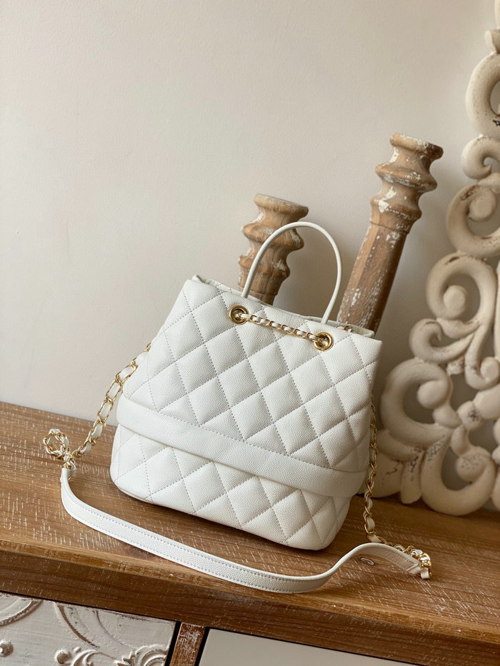 Chanel Grained Calfskin Drawstring Bag White AS8309