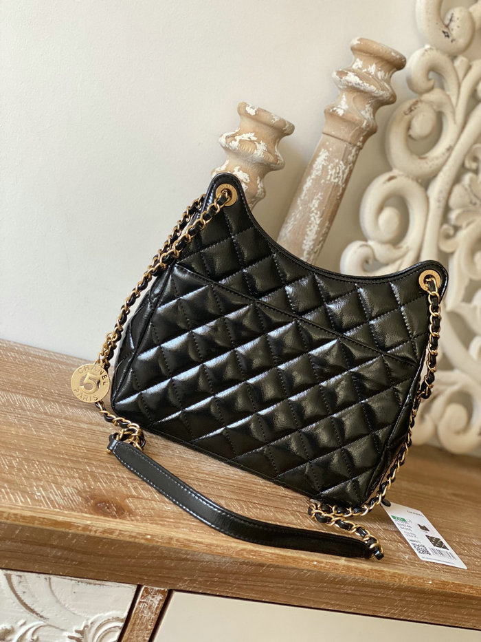 Chanel Shiny Crumpled Calfskin Hobo Bag Black AS3690