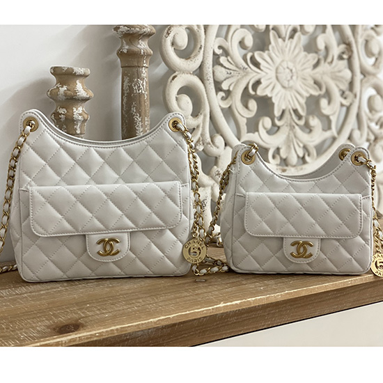 Chanel Shiny Crumpled Calfskin Hobo Bag White AS3690