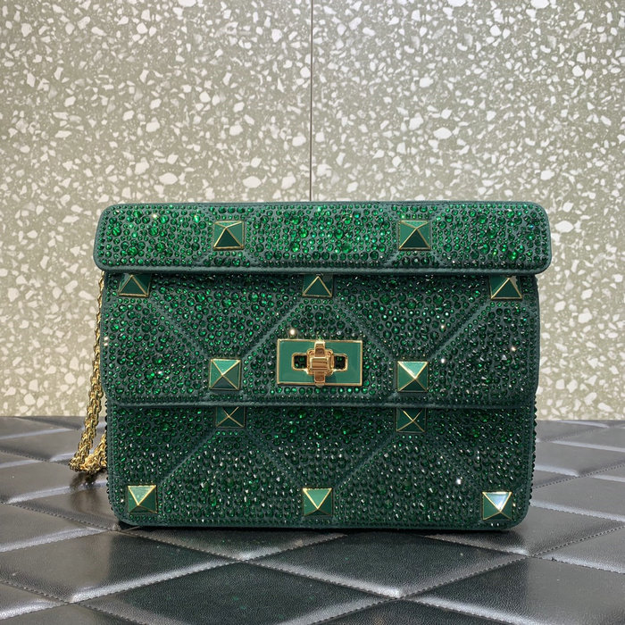 Valentino Medium Rhinestones Roman Stud Bag Green V0082