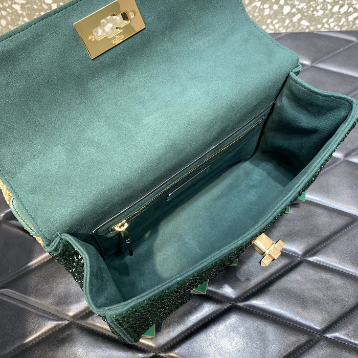 Valentino Medium Rhinestones Roman Stud Bag Green V0082