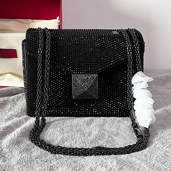 Valentino One Stud Rhinestone Embroidery Small Bag Black V0137
