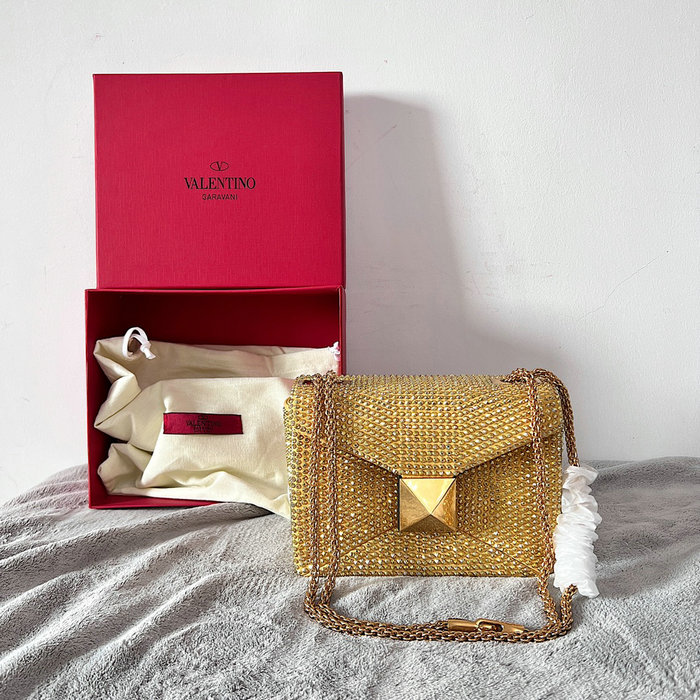 Valentino One Stud Rhinestone Embroidery Small Bag Yellow V0137