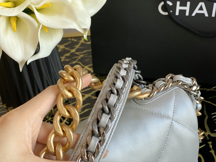 Chanel 19 Lambskin Large Flap Bag Off-White Silver AS1161