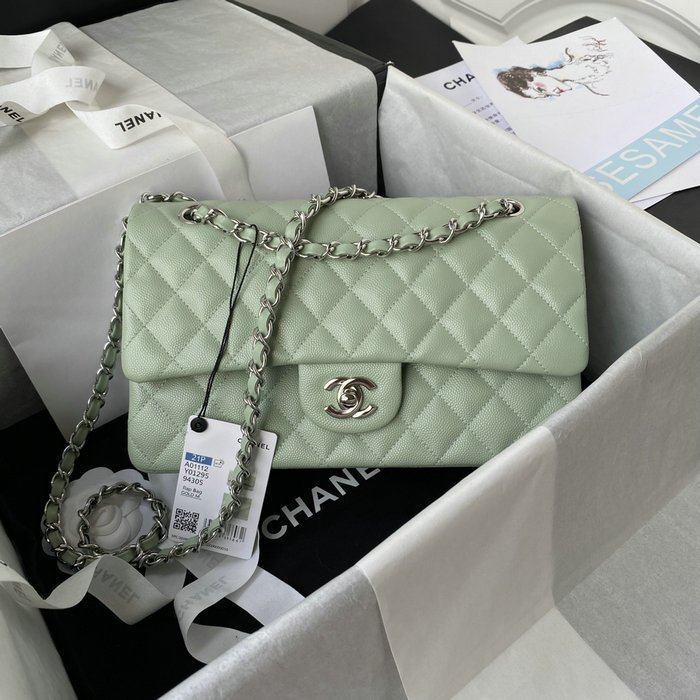 Classic Chanel Medium Flap Bag Green with Silver CF1112