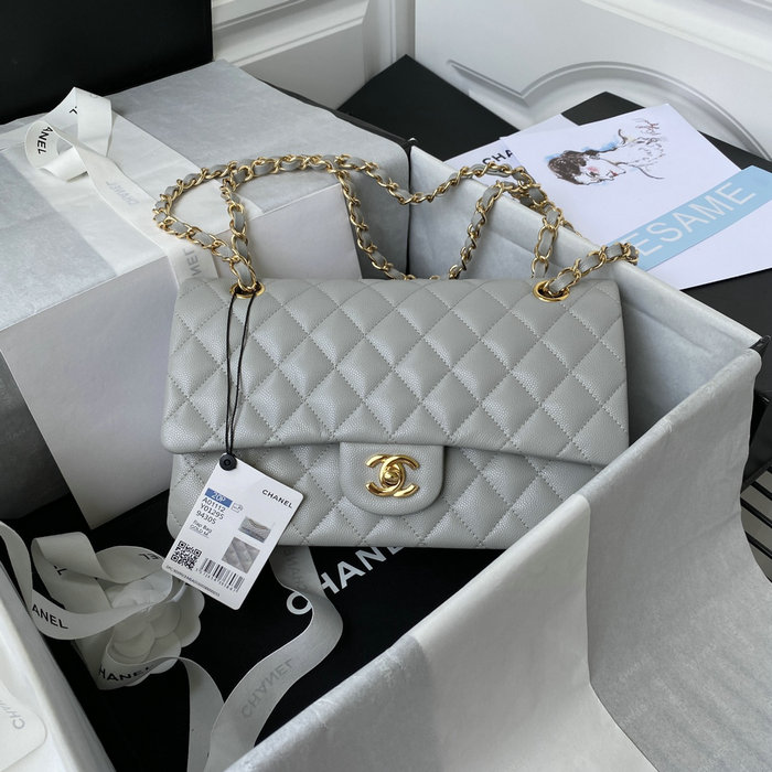 Classic Chanel Medium Flap Bag Grey with Gold CF1112