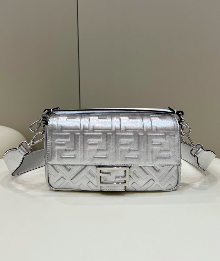 Fendi Baguette Medium Leather Bag Silver F0135