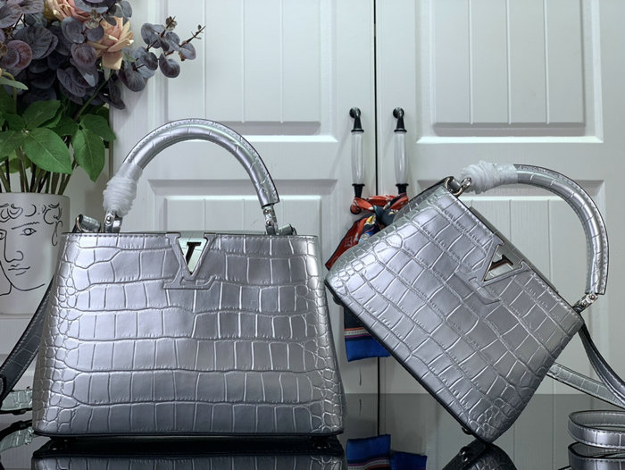 Louis Vuitton Embossed Crocodile Capucines Silver N92175