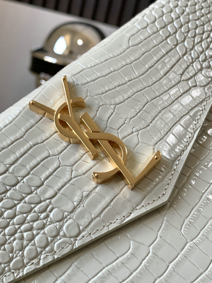 Saint Laurent Crocodile Clutch Bag White with Gold 565739