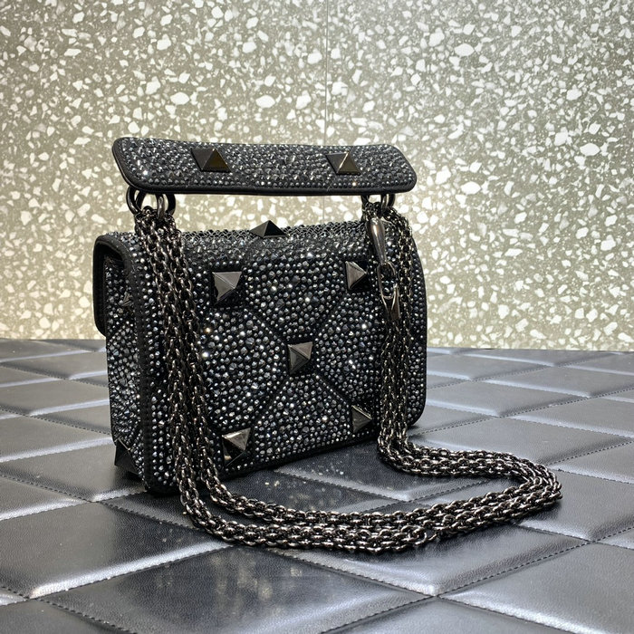 Valentino Small Rhinestones Roman Stud Bag Black V2299