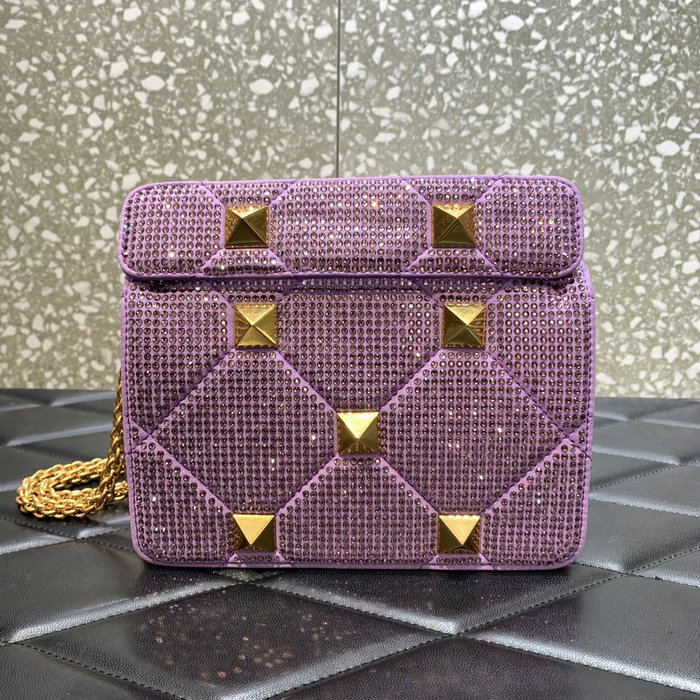 Valentino Small Rhinestones Roman Stud Bag Purple V2299