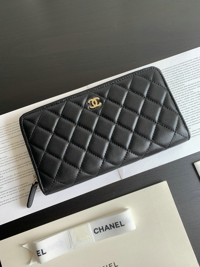 Chanel Lambskin Classic Long Zipped Wallet Black with Gold AP0242