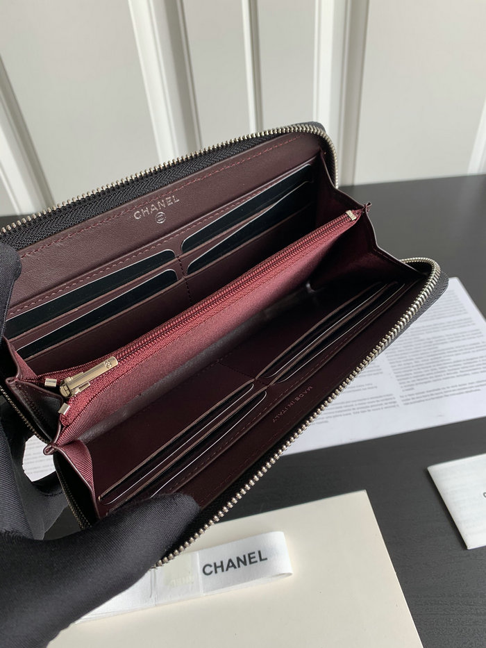 Chanel Lambskin Classic Long Zipped Wallet Black with Silver AP0242