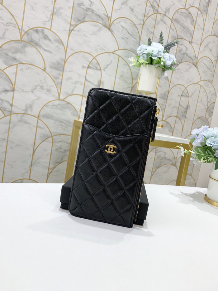 Chanel Lambskin Phone Holder Long Zip Wallet Black with Gold A84402