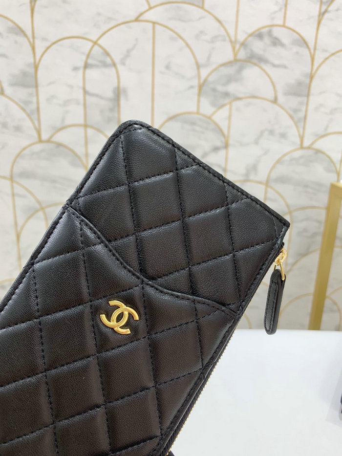 Chanel Lambskin Phone Holder Long Zip Wallet Black with Gold A84402