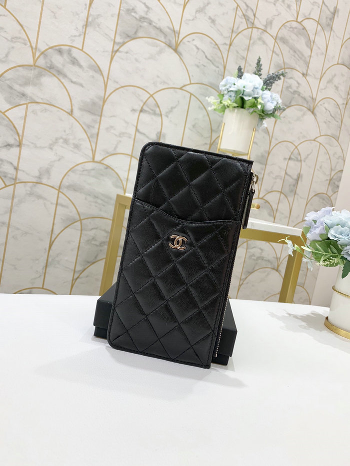 Chanel Lambskin Phone Holder Long Zip Wallet Black with Silver A84402