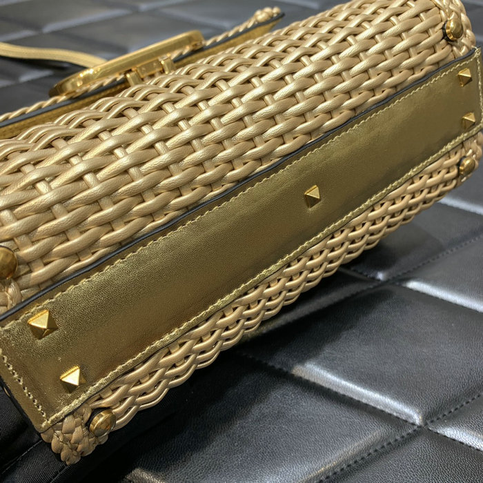 Valentino Small Vsling Handbag In Gold Woven Metallic Nappa V0069
