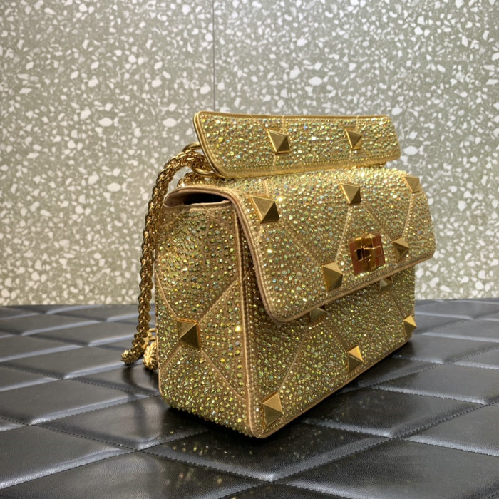 Valentino Medium Rhinestones Roman Stud Bag Gold V0082