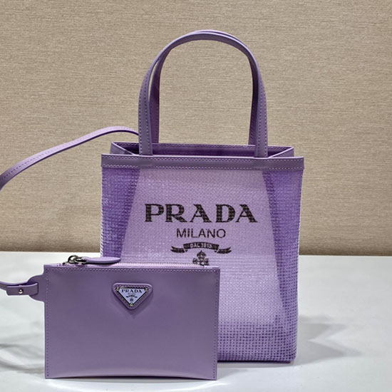 Prada Small sequined mesh tote bag Purple 1BG417