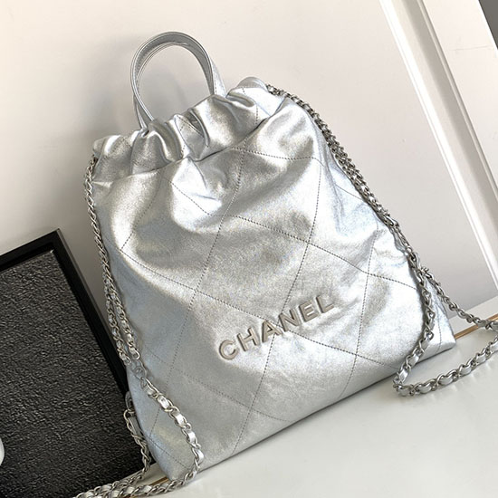 Chanel 22 Shiny Calfskin Backpack Silver AS3859