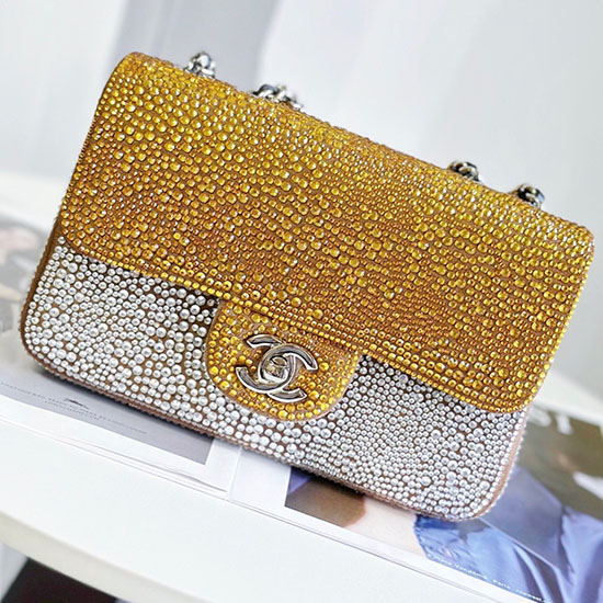 Classic Chanel Mini Flap Evening Bag with Crystal Gold AS22