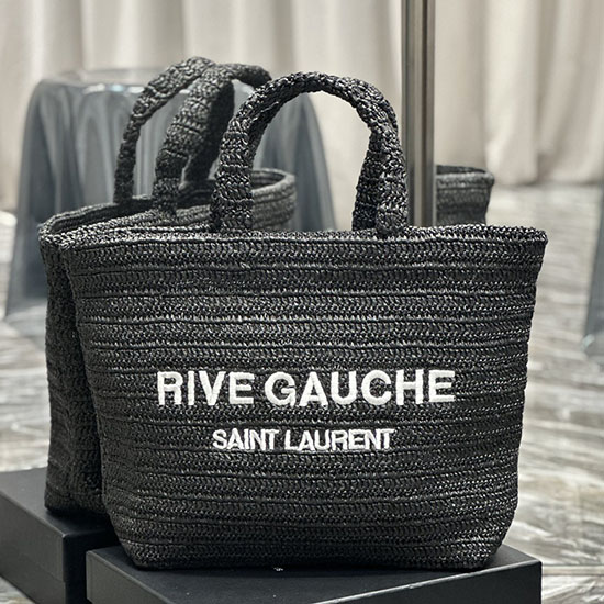 Saint Laurent Raffia Rive Gauche Tote Bag Black with White 688864