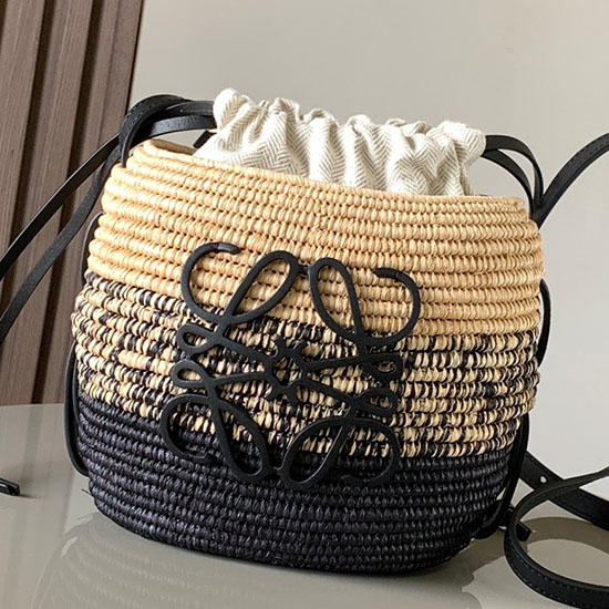 Loewe Beehive Black Basket Bag In Raffia and Calfskin L8002